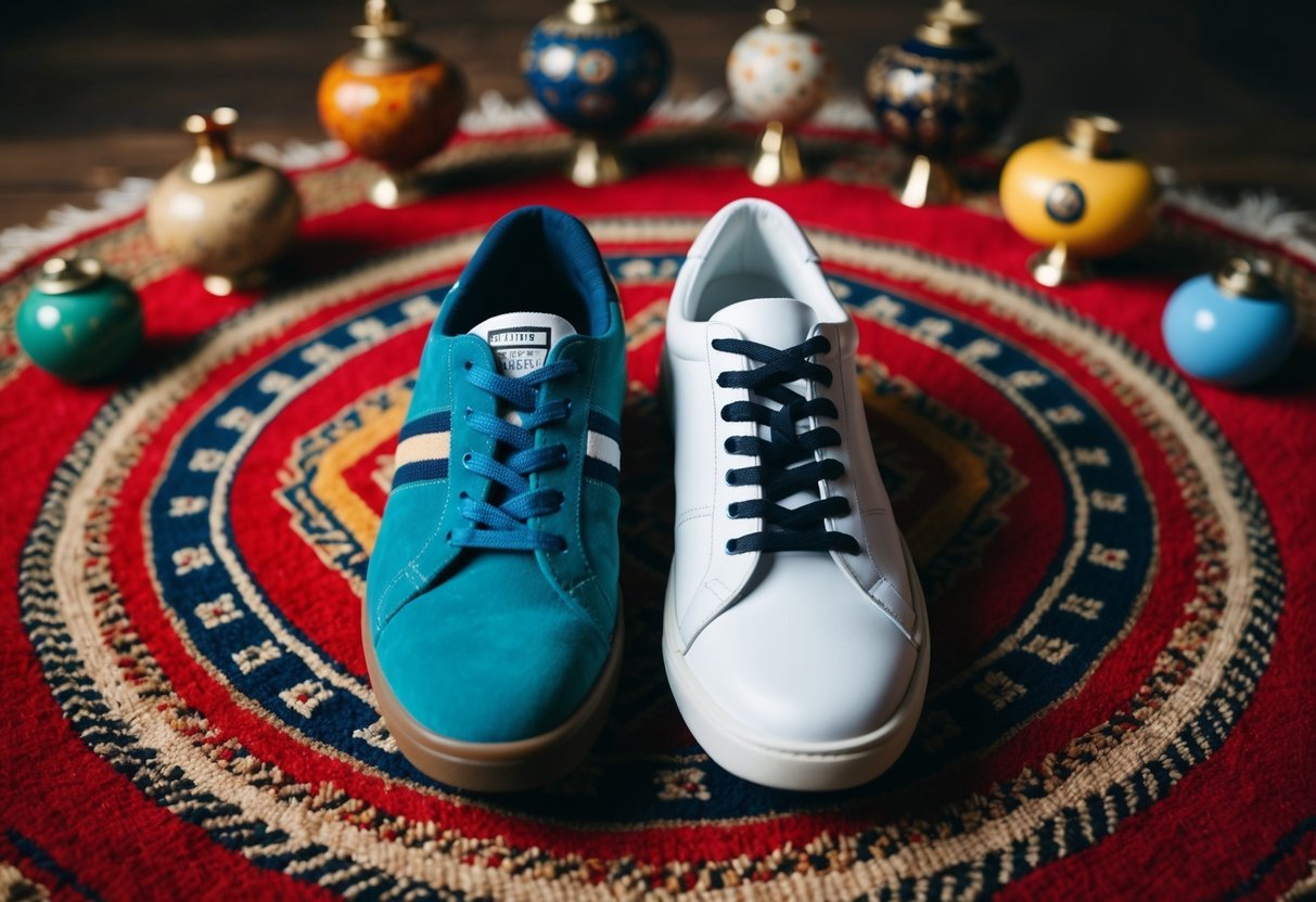 Two different shoes placed on a decorative rug, surrounded by symbolic objects representing different cultural interpretations of footwear