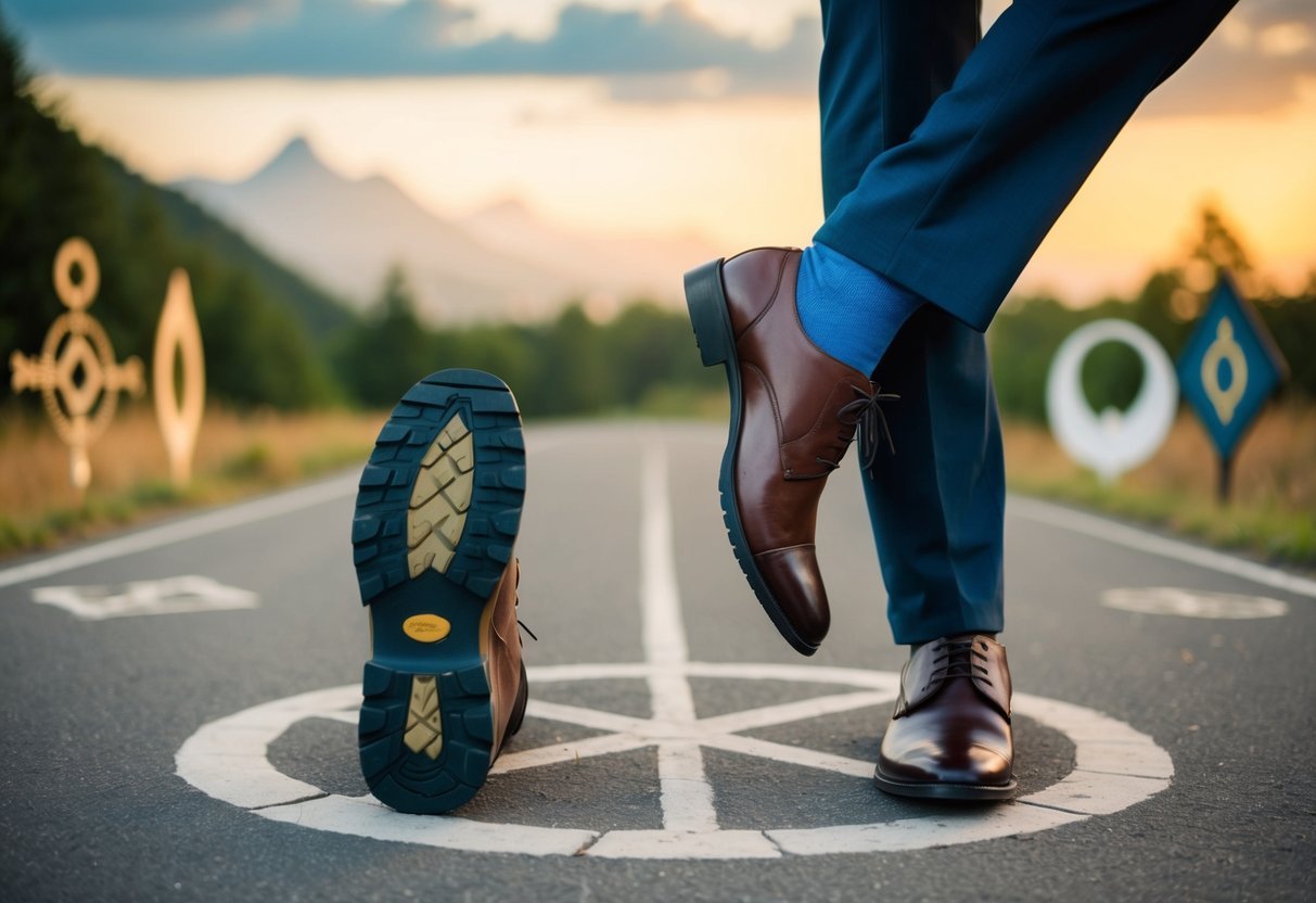 A person standing at a crossroads, one foot in a hiking boot and the other in a dress shoe, surrounded by symbols of nature and spirituality