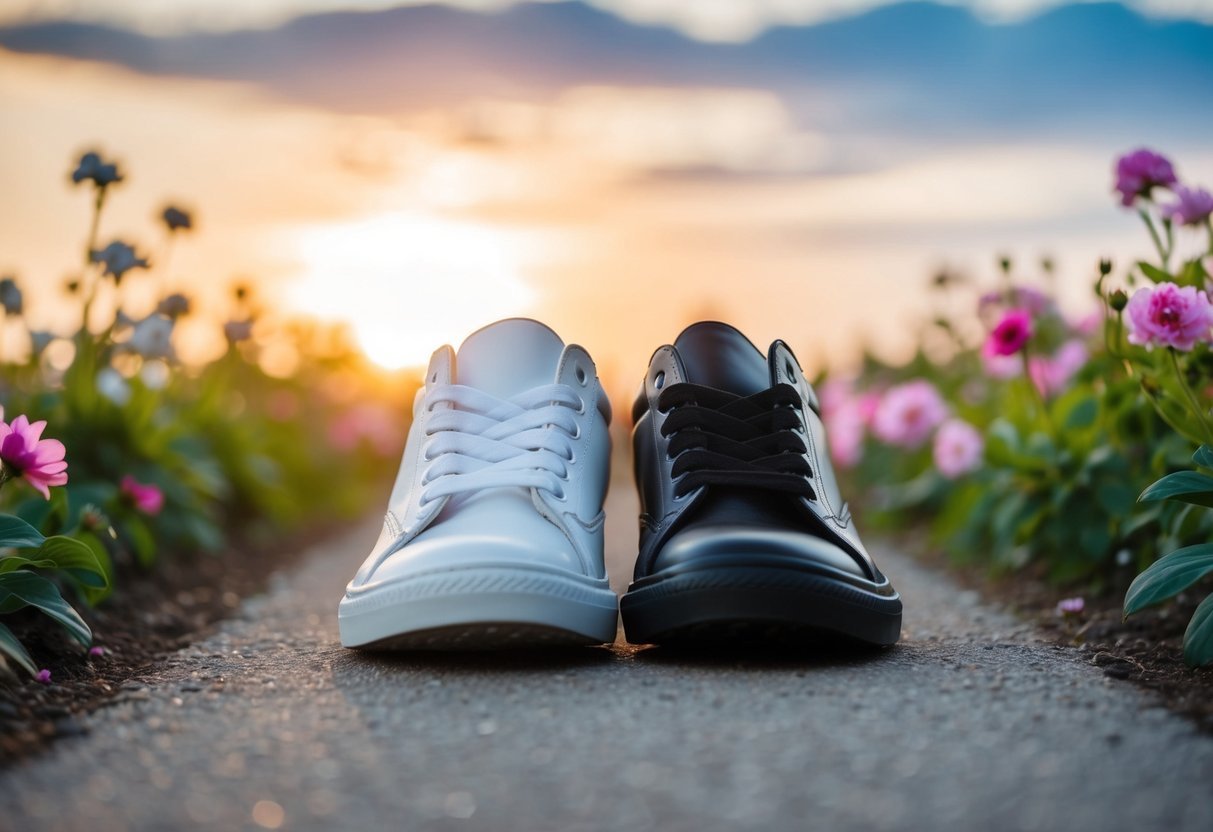 A pair of shoes, one black and one white, placed side by side on a path, surrounded by blooming flowers and a rising sun