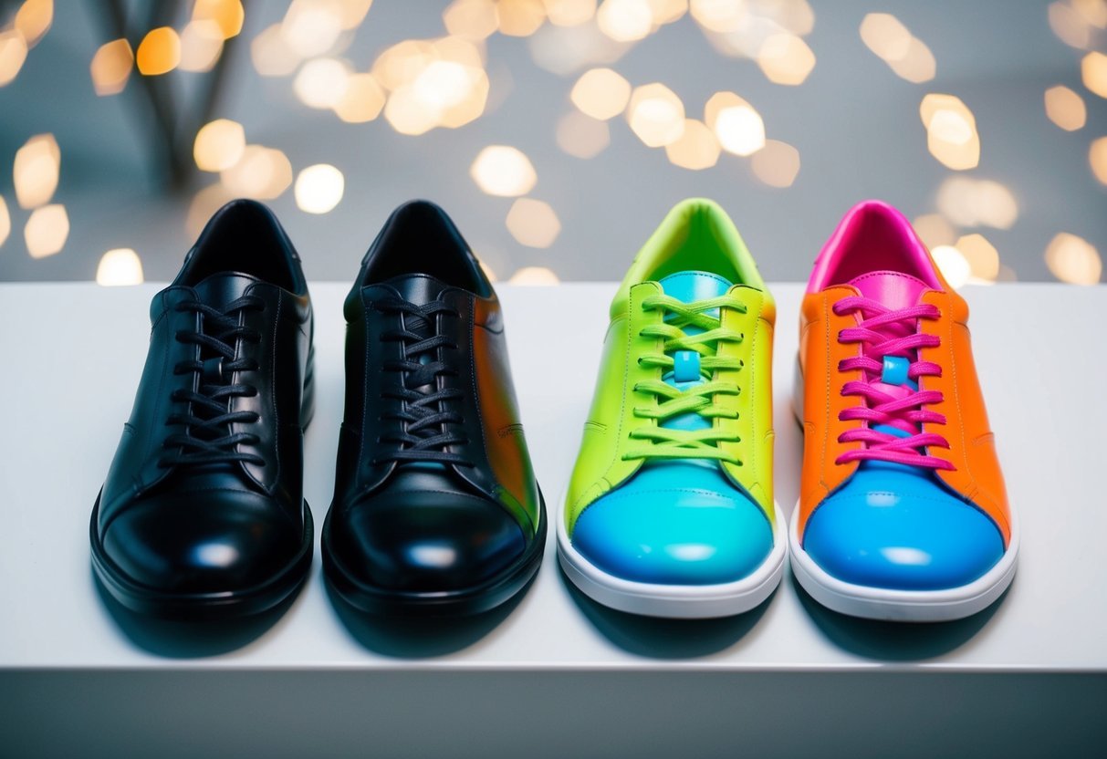 A pair of shoes, one sleek and black, the other bright and colorful, arranged side by side on a clean, neutral surface