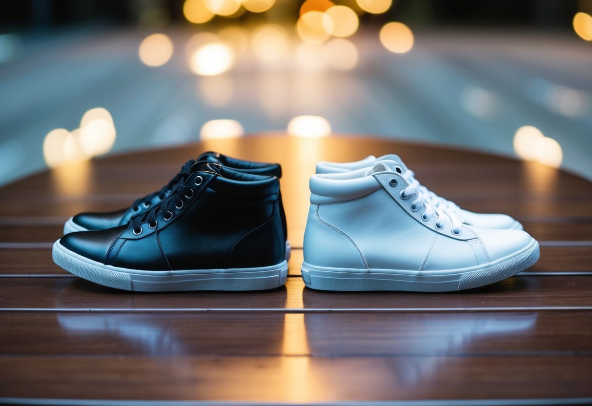 Two different shoes side by side, one black and one white, placed on a smooth wooden surface with a soft glow illuminating them from above