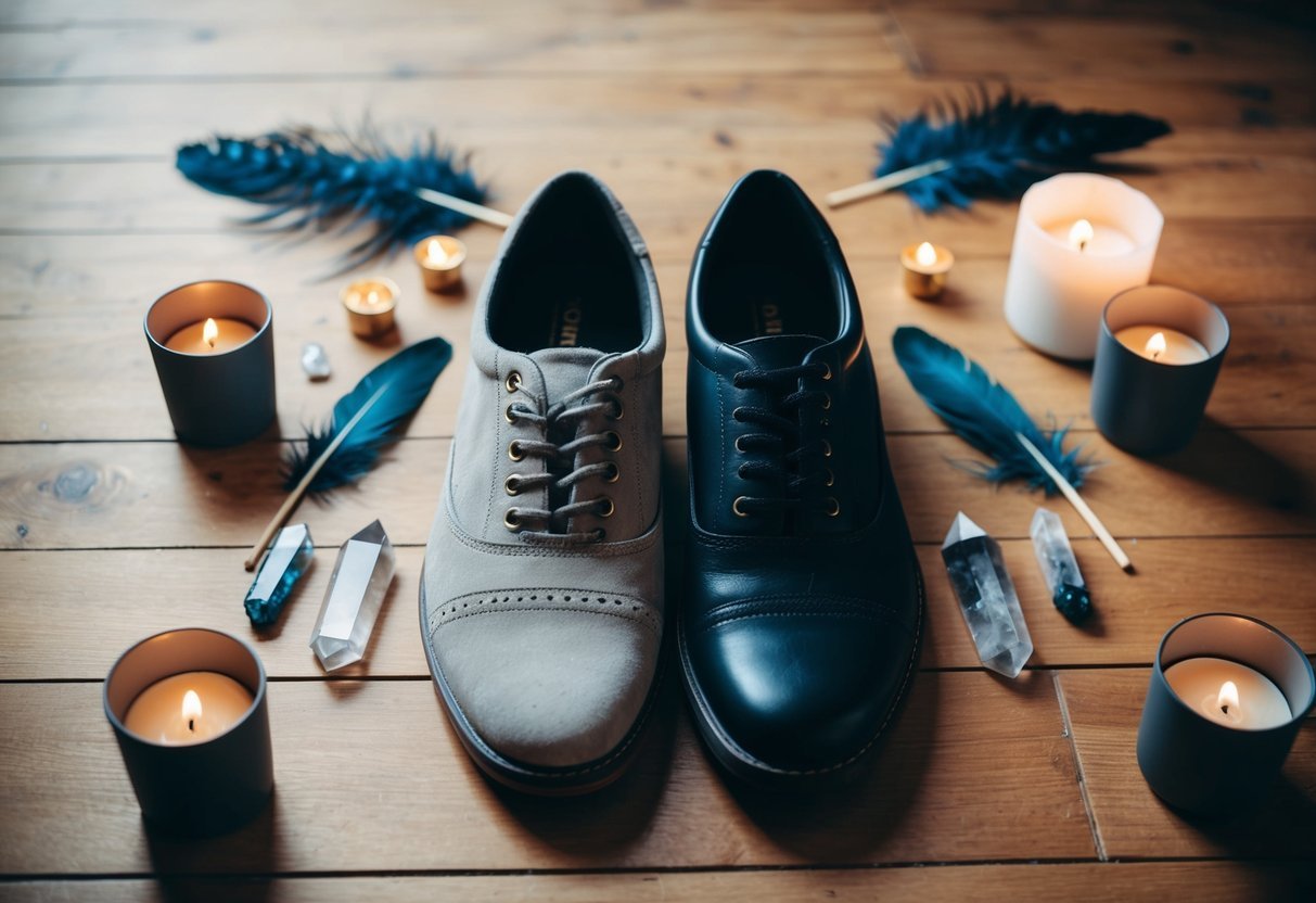 Two different shoes placed side by side on a wooden floor, surrounded by symbolic objects like crystals, feathers, and candles