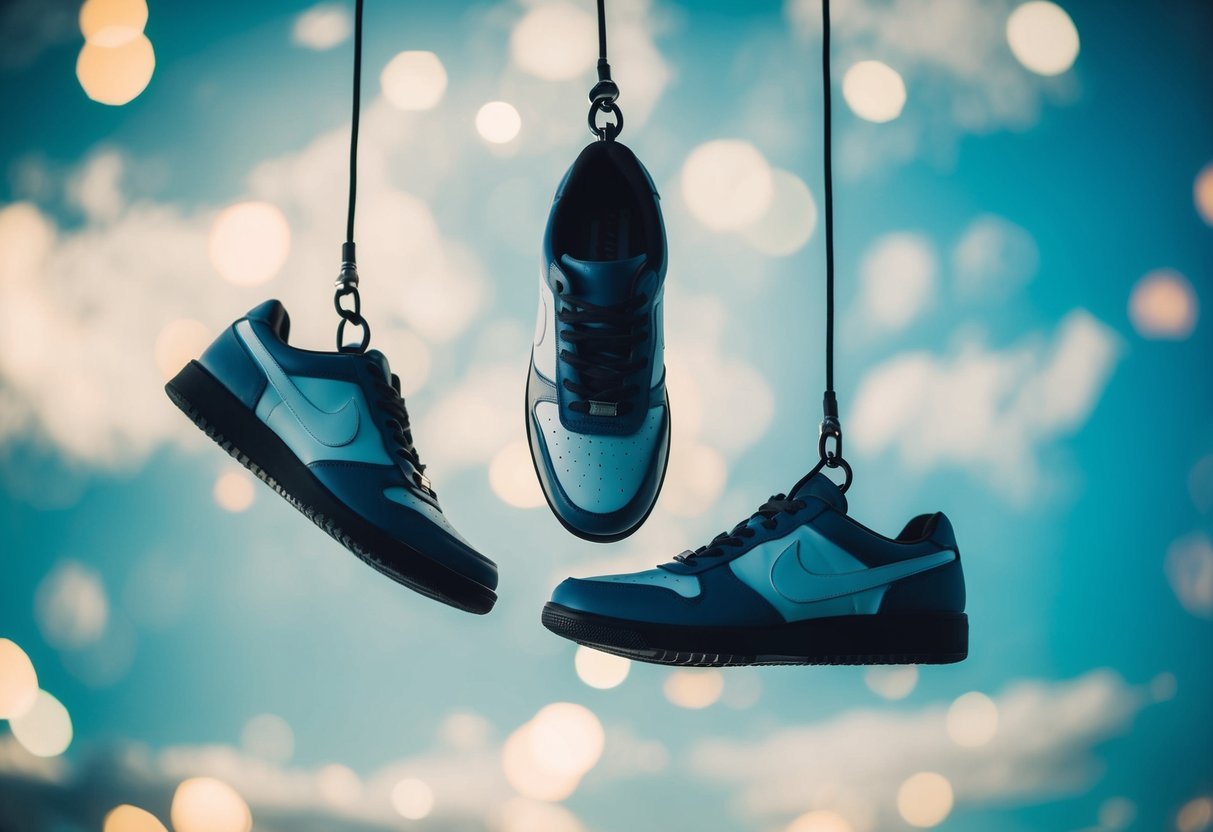 A pair of shoes suspended mid-air, transitioning from one form to another, surrounded by a surreal, dream-like atmosphere