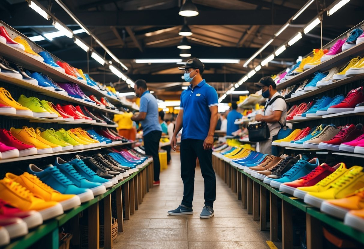 A person standing in a market, surrounded by rows of colorful shoes displayed for sale, with customers browsing and haggling