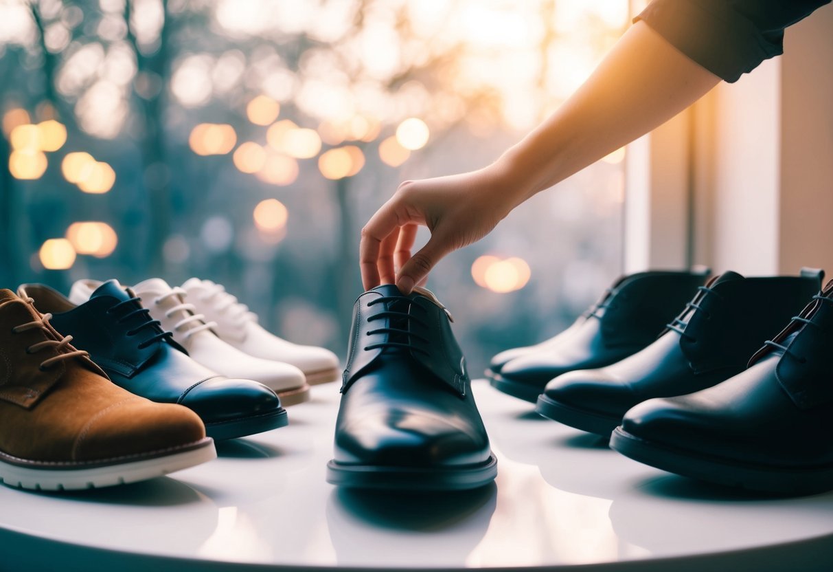 A dreamy scene of various shoe types displayed on a table, with a person's hand reaching for a pair. The atmosphere is serene and dreamlike