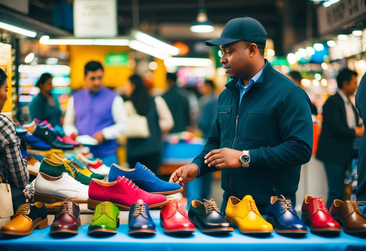 A person standing in a marketplace, surrounded by colorful shoes displayed on a table, while negotiating with customers