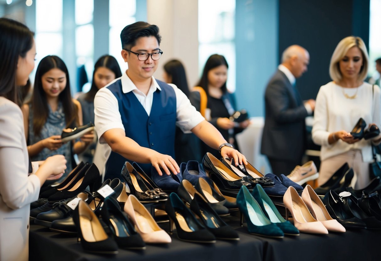 A person stands behind a table piled high with various styles of shoes. Customers browse and try on different pairs, while the seller assists them