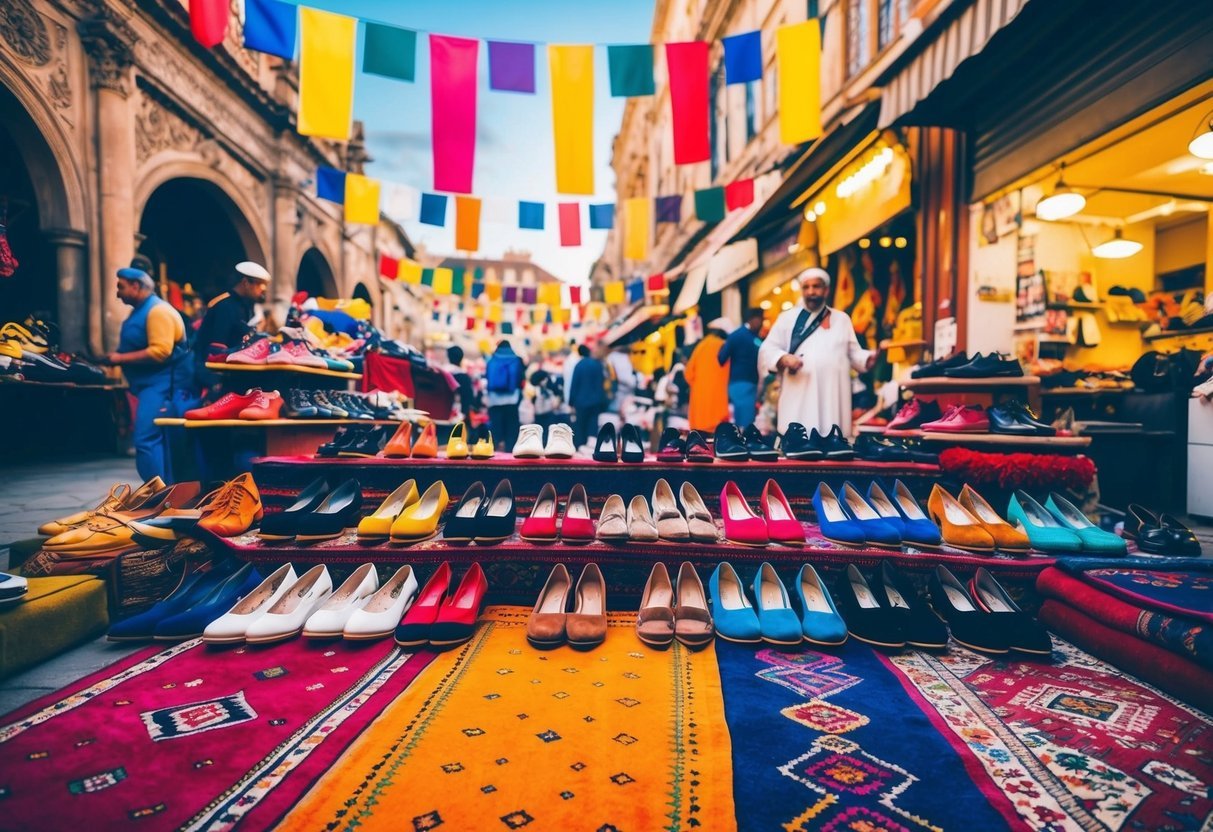 A bustling marketplace with colorful shoes displayed on vibrant rugs, surrounded by historic architecture and cultural symbols