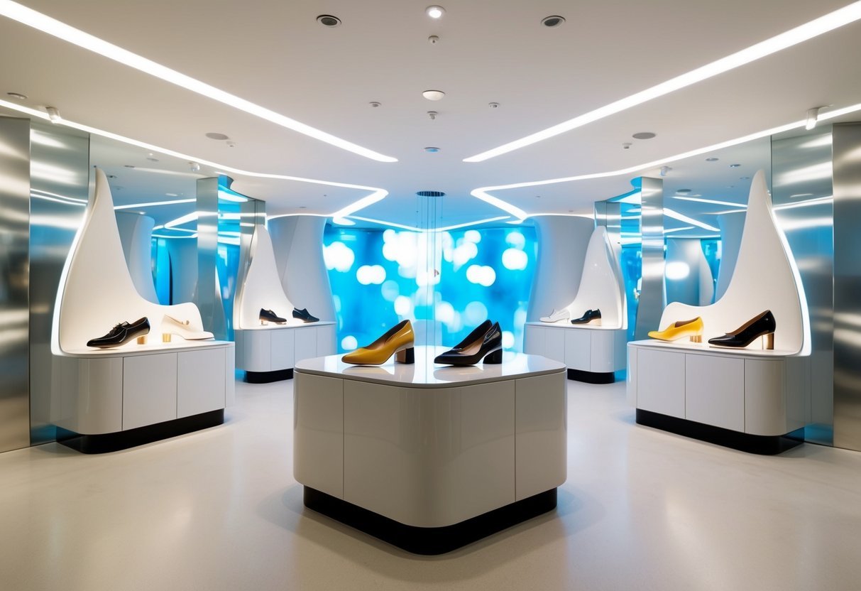 A dreamy shoe store with futuristic displays and sleek, minimalist decor. Bright lights and a sense of movement suggest a bustling, contemporary atmosphere