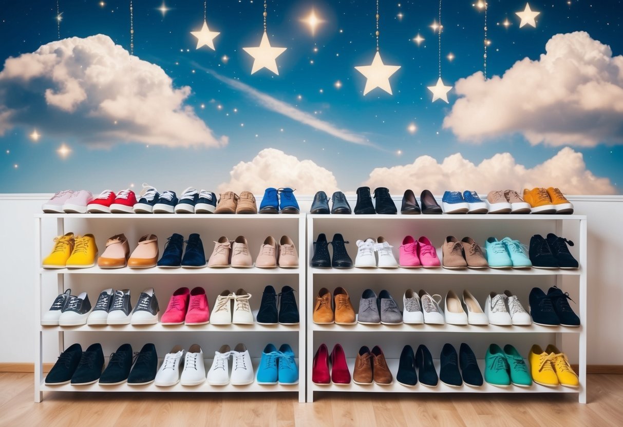 A colorful array of shoes arranged on shelves, with dreamy clouds and stars floating above