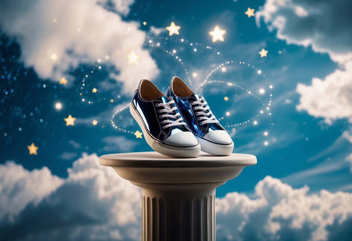 A pair of shiny new shoes sits on a pedestal, surrounded by swirling clouds and stars, as if floating in a dream