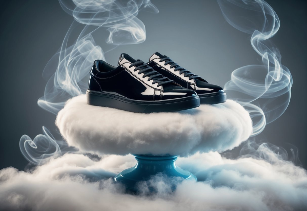 A pair of shiny, brand-new shoes sits on a cloud-like pedestal, surrounded by swirling, ethereal mist