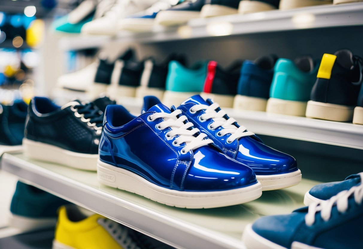 A pair of shiny new shoes sits on a store shelf, surrounded by other footwear. The store is brightly lit, and the shoes are the focal point of the scene