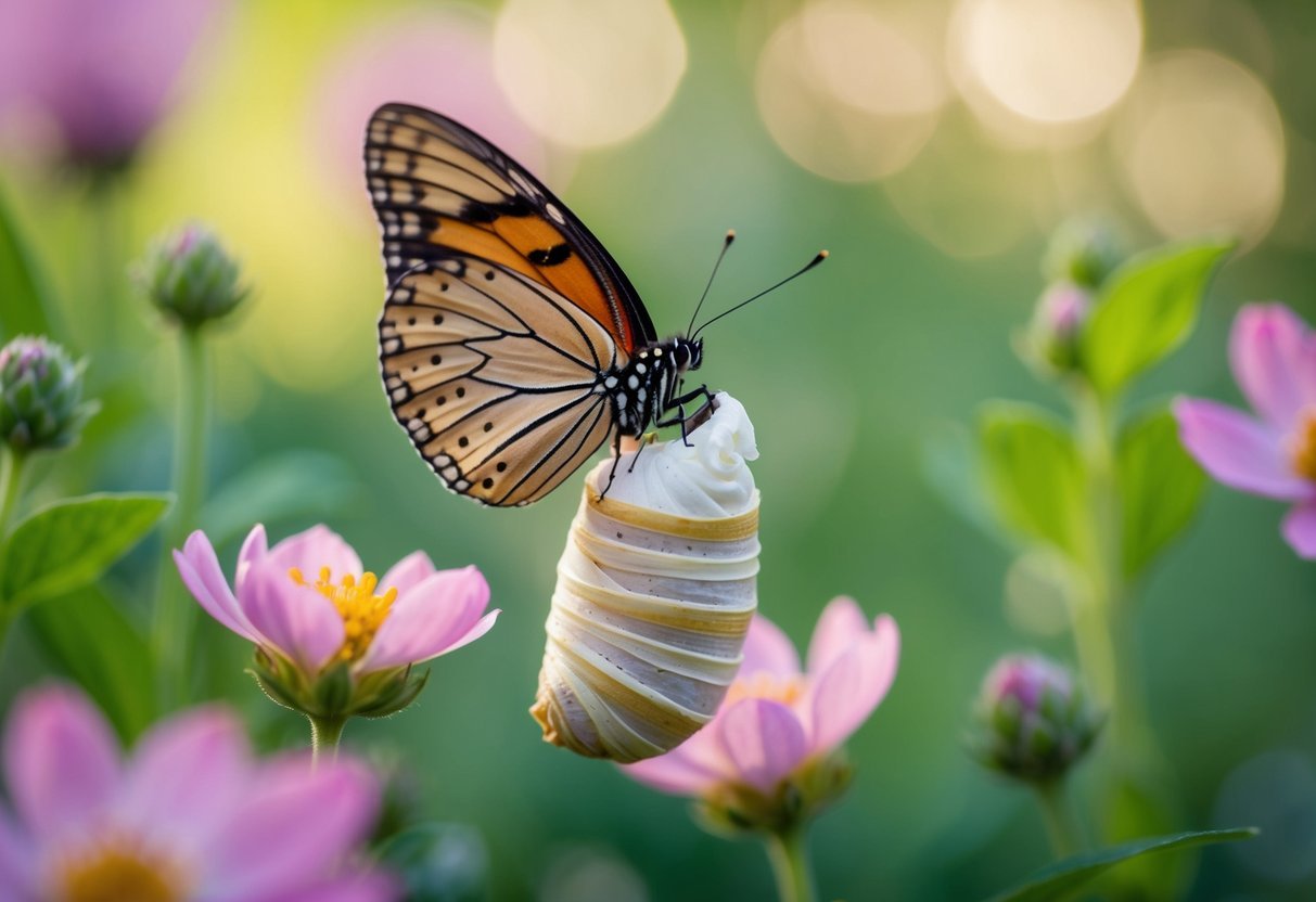 A butterfly emerging from a cocoon, surrounded by blooming flowers and fresh greenery