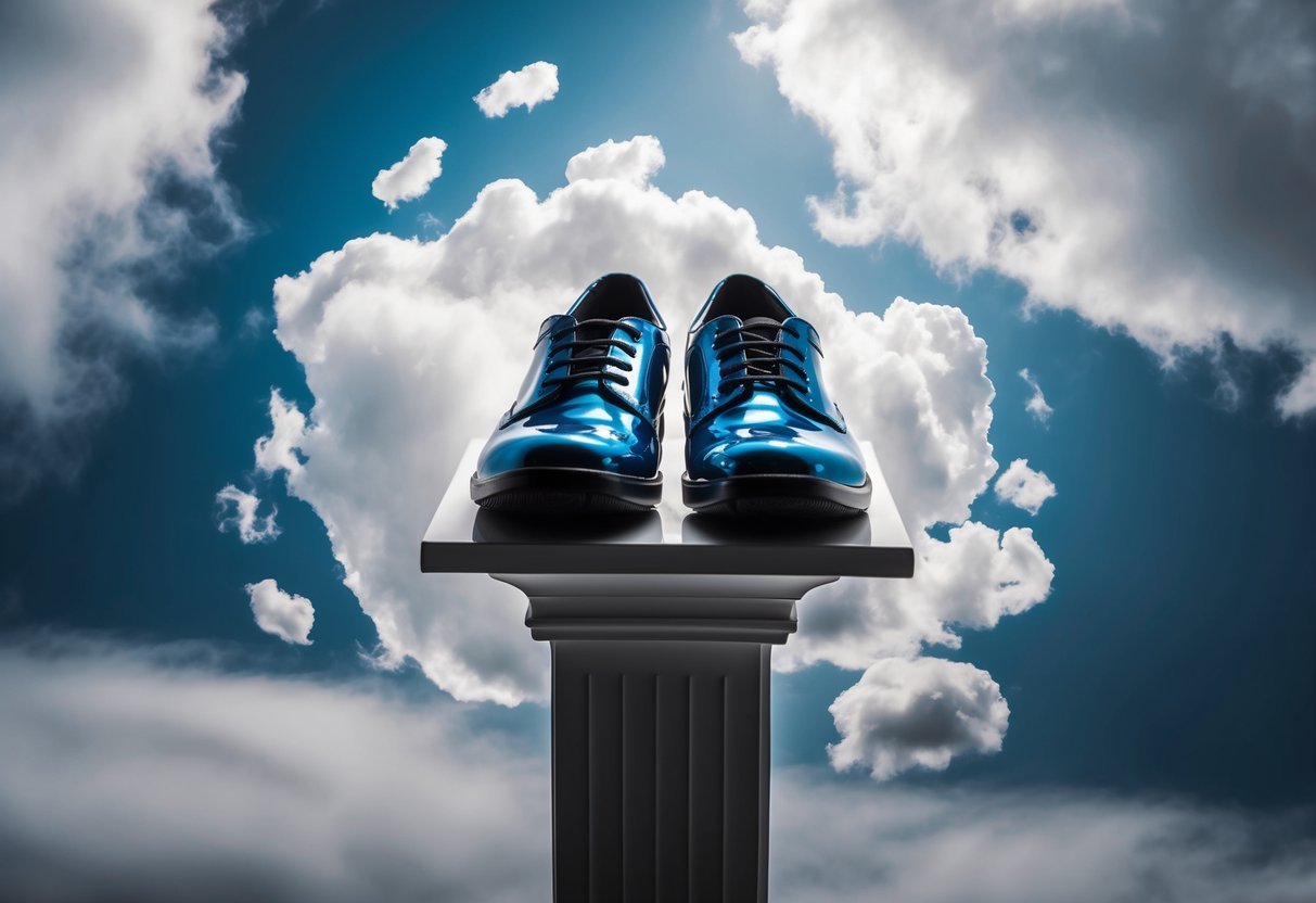 A pair of shiny new shoes sits on a pedestal, surrounded by swirling clouds of uncertainty and anticipation