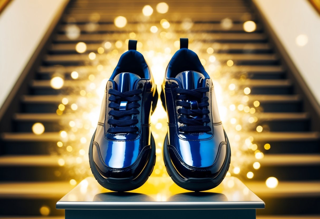 A pair of shiny, new shoes on a pedestal, surrounded by a glowing aura and a staircase leading upwards