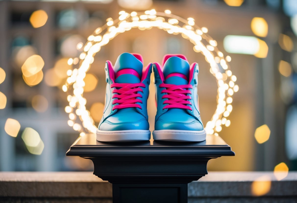 A pair of vibrant new shoes sits on a pedestal, surrounded by a halo of light, symbolizing new opportunities and fresh beginnings