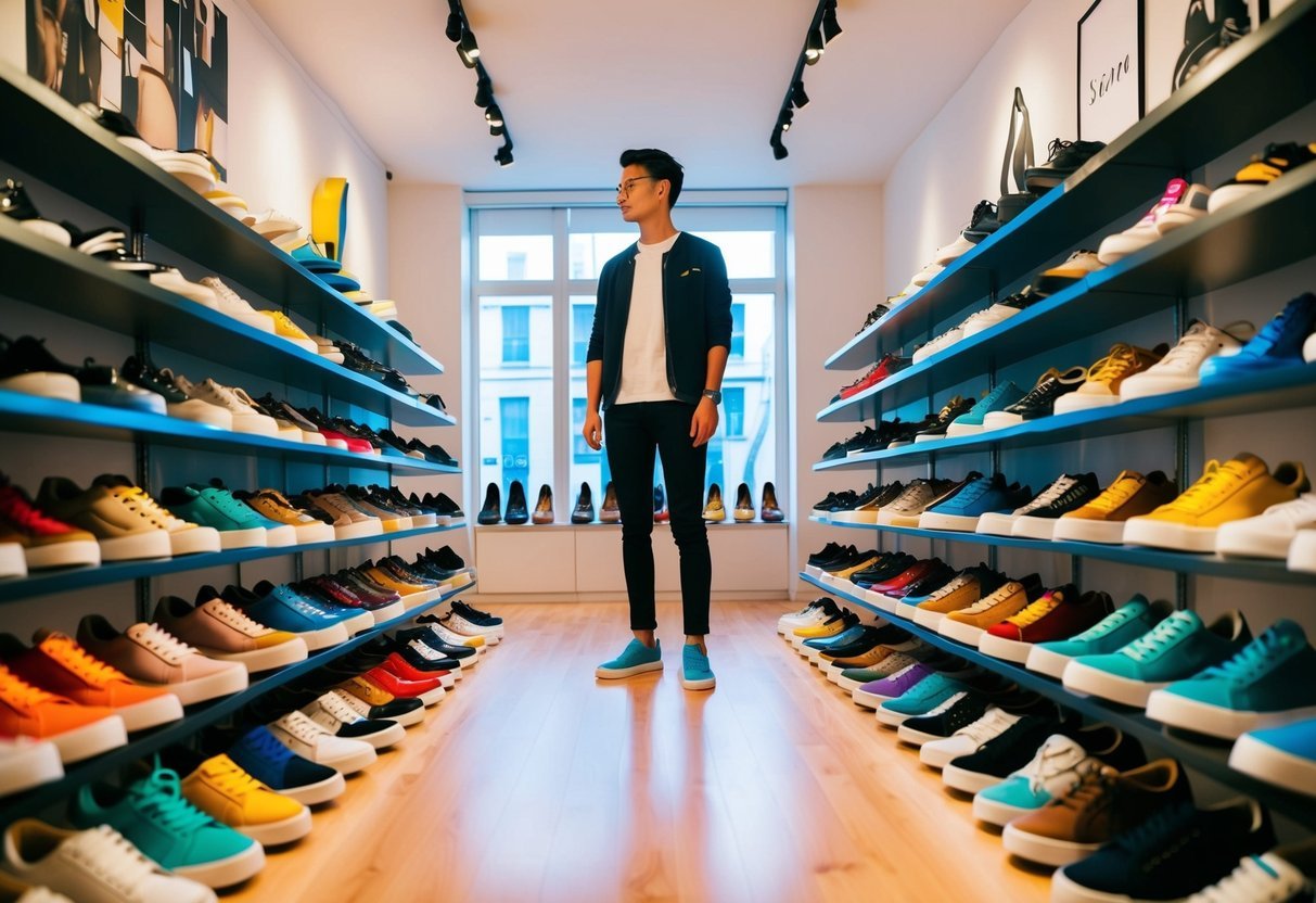 A person standing in a dreamlike shoe store, surrounded by rows of colorful and stylish shoes on display