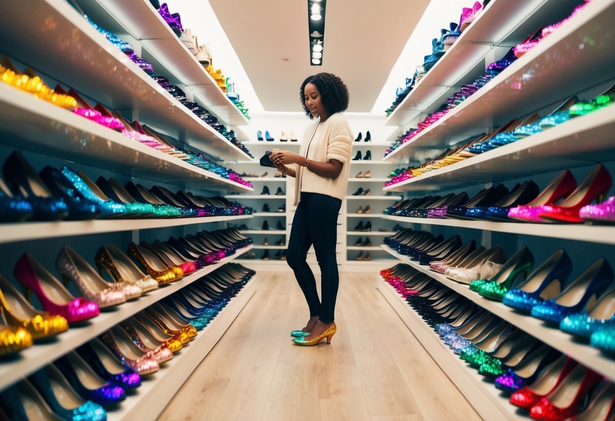 A person stands in a dreamlike shoe store, surrounded by rows of colorful, sparkling shoes on display. A sense of curiosity and wonder fills the air as they try on a new pair