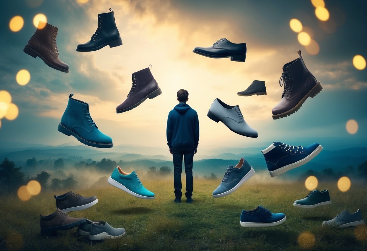 A person stands in a dreamlike landscape, surrounded by floating shoes of various styles and colors, creating a surreal and mystical atmosphere