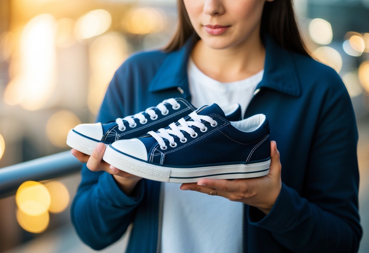 A person holding a pair of new shoes, with a puzzled expression on their face. The shoes could be depicted as shiny and brand new, with a sense of curiosity or confusion in the air