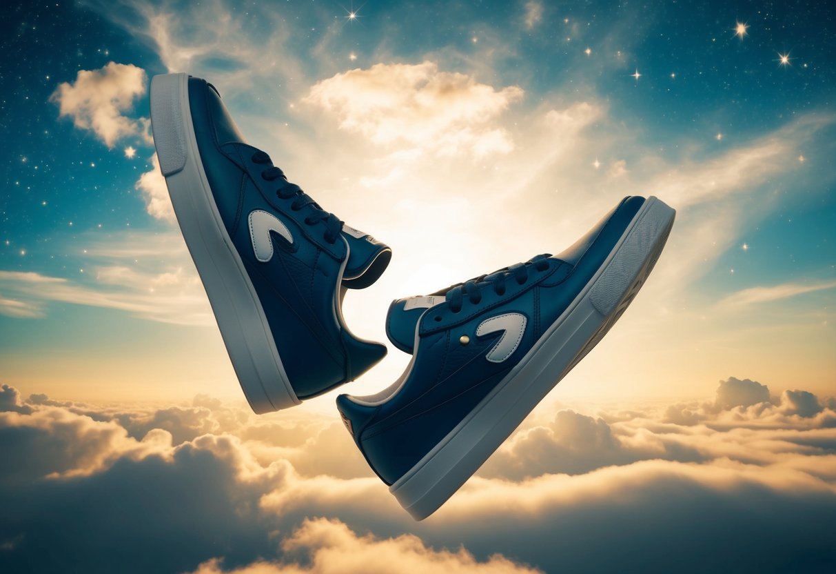 A pair of shoes floating in a surreal, dreamlike landscape, surrounded by symbolic imagery such as clouds, stars, and other dream elements