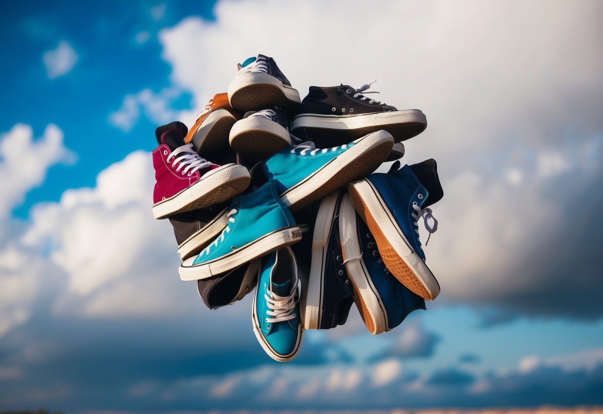 A pile of shoes floating in a cloudy sky, each pair representing a different dream scenario, such as running, dancing, or walking on a beach