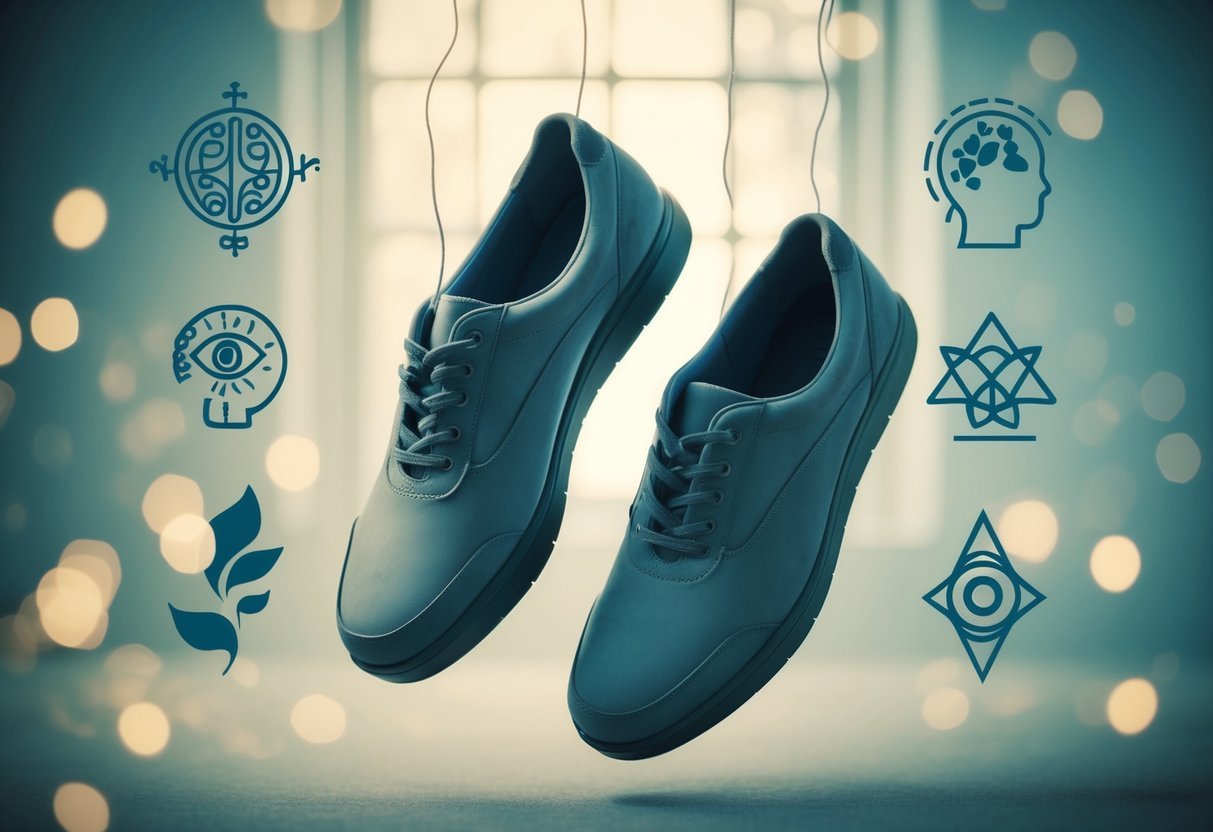 A pair of shoes floating in a dream-like, ethereal setting, surrounded by symbols of the mind and spirit