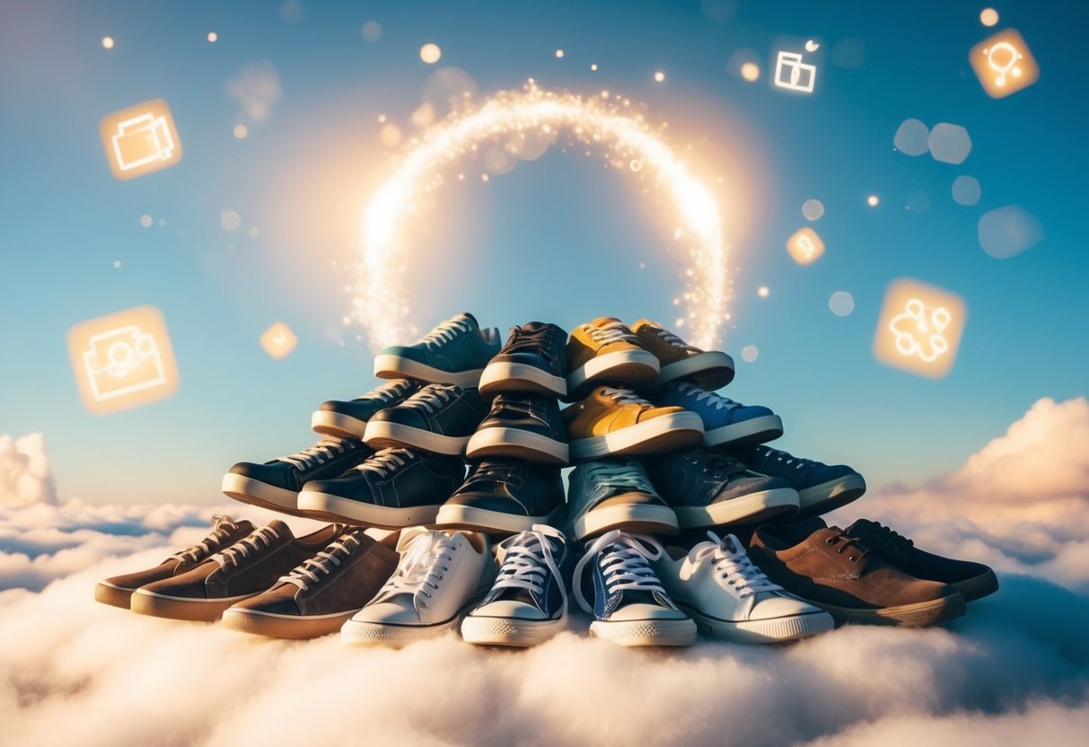 A pile of various shoes arranged on a cloud-like surface, surrounded by floating dreamy symbols and a glowing aura