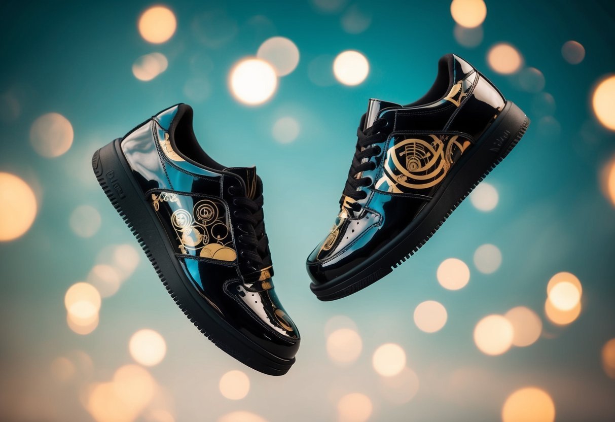 A pair of shoes floating in a dreamy, abstract space, each shoe reflecting different aspects of the self through unique designs and symbols