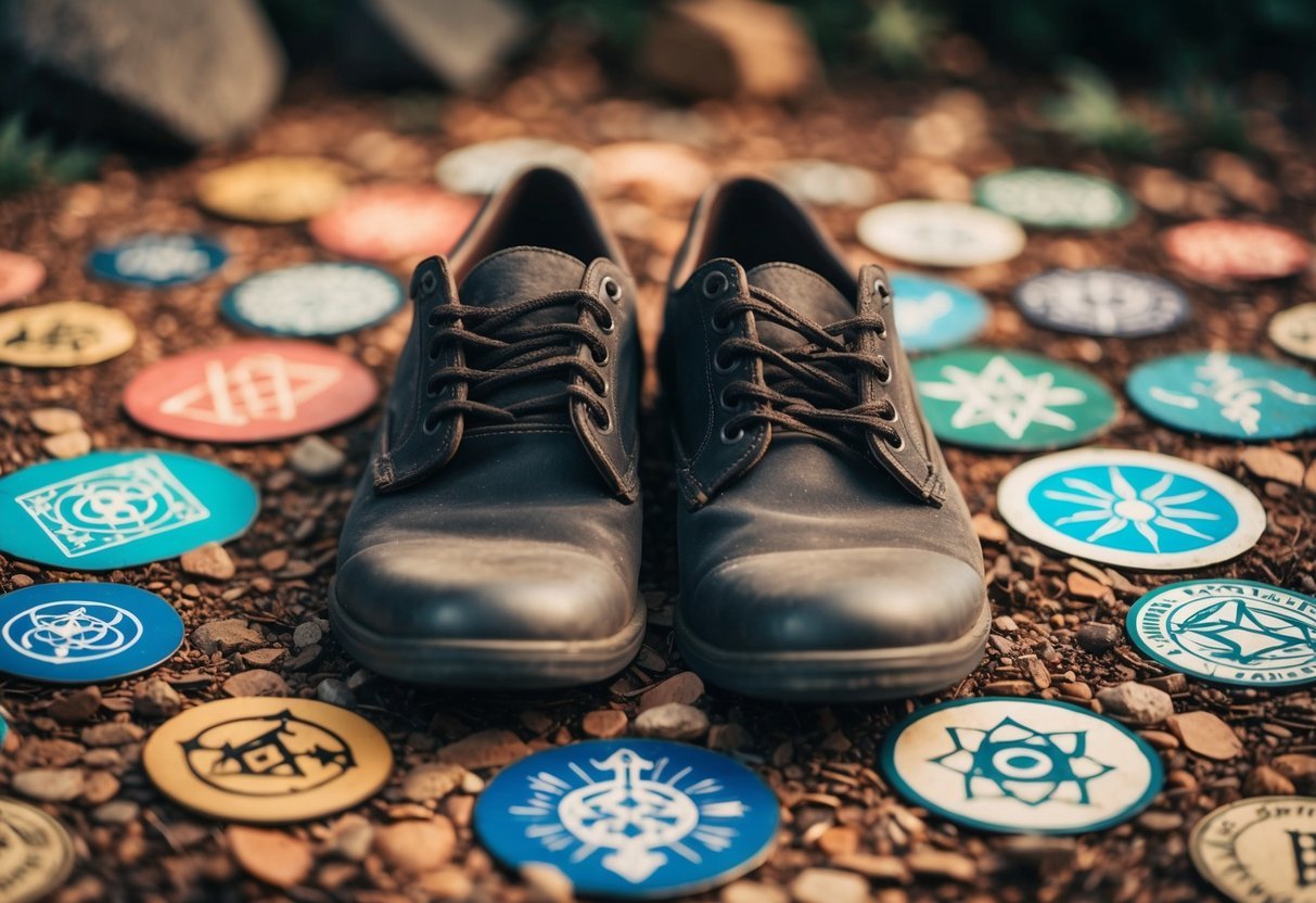 A pair of abandoned shoes surrounded by symbols of various cultures and spiritual beliefs