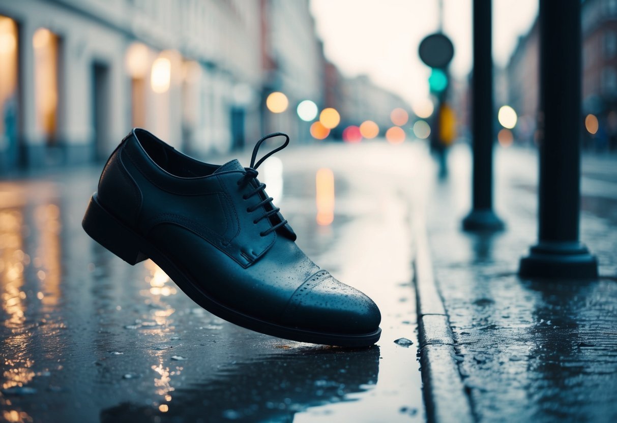 A lone shoe abandoned on a rain-soaked street, with the other shoe missing. A sense of loss and vulnerability