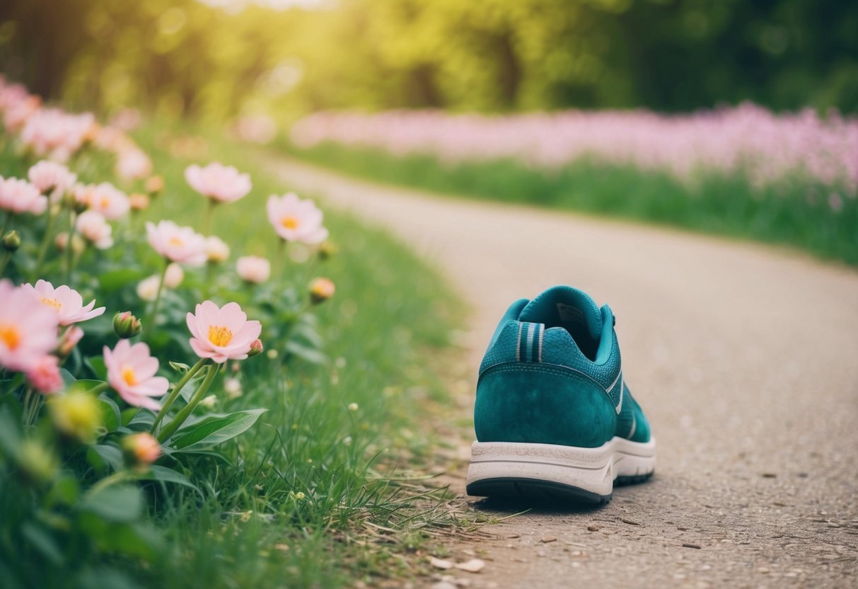 A lone shoe left behind on a winding path, surrounded by blooming flowers and lush greenery