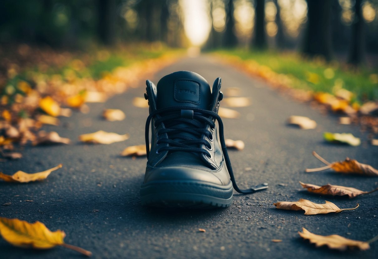 A lone shoe left behind on a path, surrounded by fallen leaves and fading light