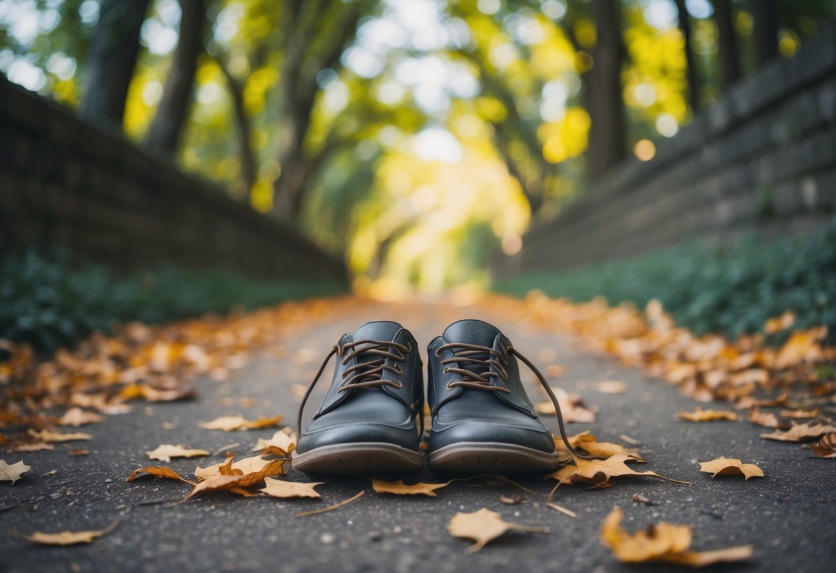 A pair of abandoned shoes sits on a winding path, surrounded by fallen leaves and dappled sunlight filtering through the trees