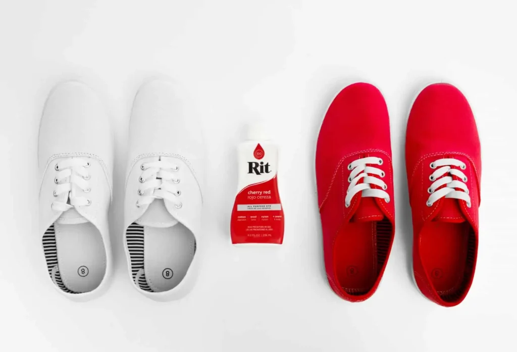 How to Dye Shoes: easy guide. White sneakers on the left and red dyed sneakers on the right