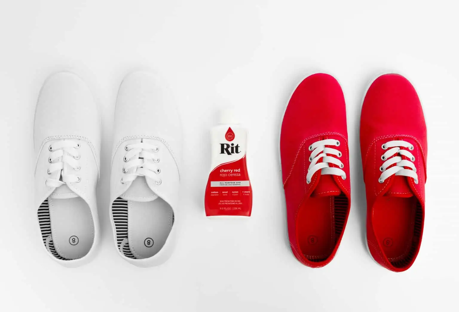 How to Dye Shoes: easy guide. White sneakers on the left and red dyed sneakers on the right