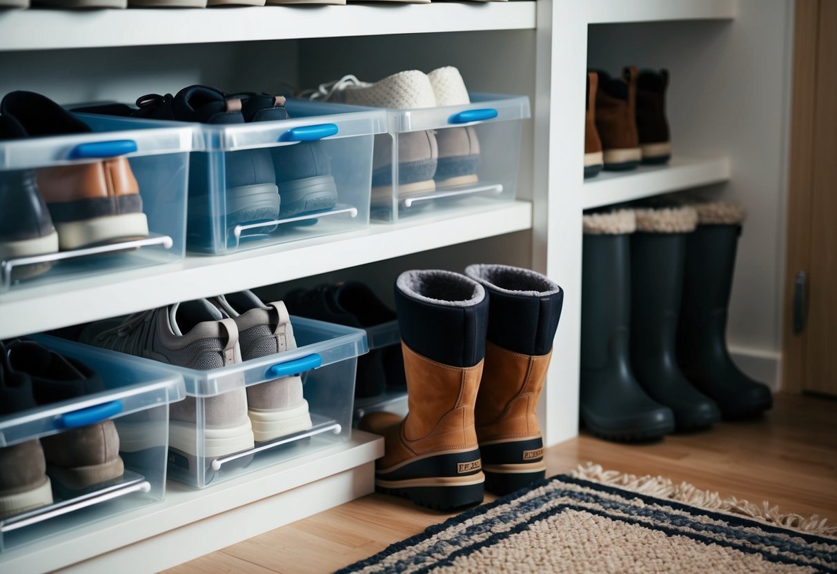 Winter shoes neatly organized in clear plastic boxes on shelves. A small rug and boot tray sit at the entrance