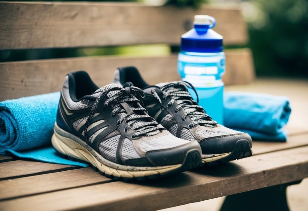 A pair of well-worn running shoes, with scuffed soles and frayed laces, sit on a wooden bench beside a water bottle and a towel