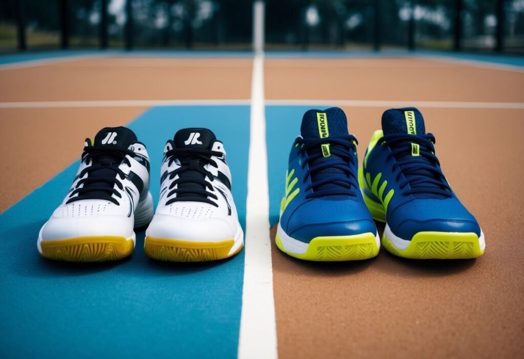 A pair of racquetball shoes and a pair of tennis shoes side by side on a court surface