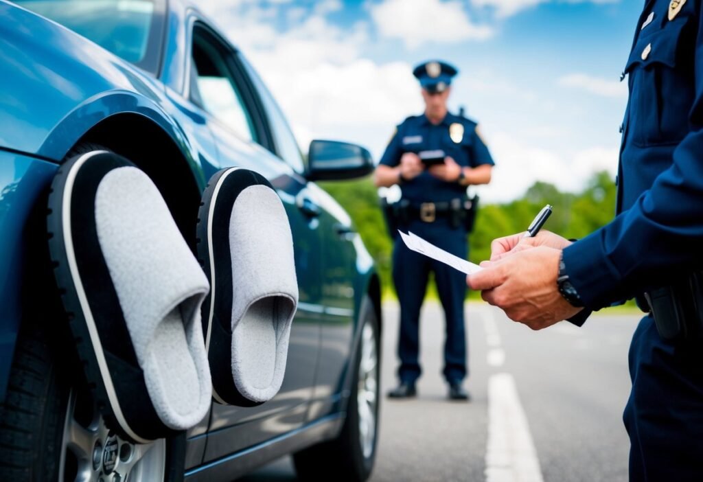 A car with slippers on the pedals, while a police officer writes a ticket