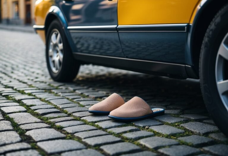 A car parked on a cobblestone street in Lithuania, with a pair of slippers on the driver's side floor
