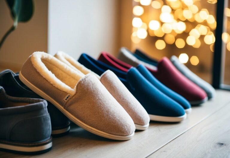 A pair of cozy slippers placed next to a row of shoes, showcasing their soft, plush material and comfortable design