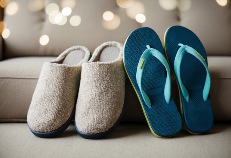 A pair of cozy slippers next to a pair of rubber flip-flops, each with distinct designs and materials